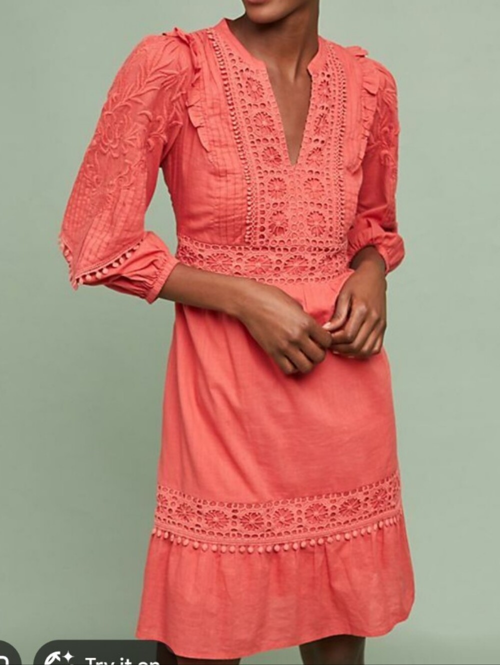 ANTHROPOLOGIE | AKEMI + KIN Josephine Peasant Style‎ Dress Embroidered Coral XS